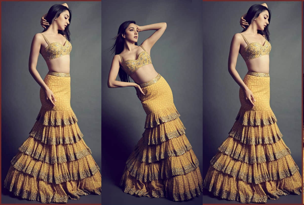 kiara advani in mustard ruffle arpita mehta lehenga flaunt slim waist