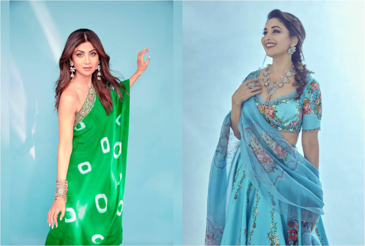 in dance reality show shilpa shetty wear colorful thigh high slit dress madhuri dixit in red saree
