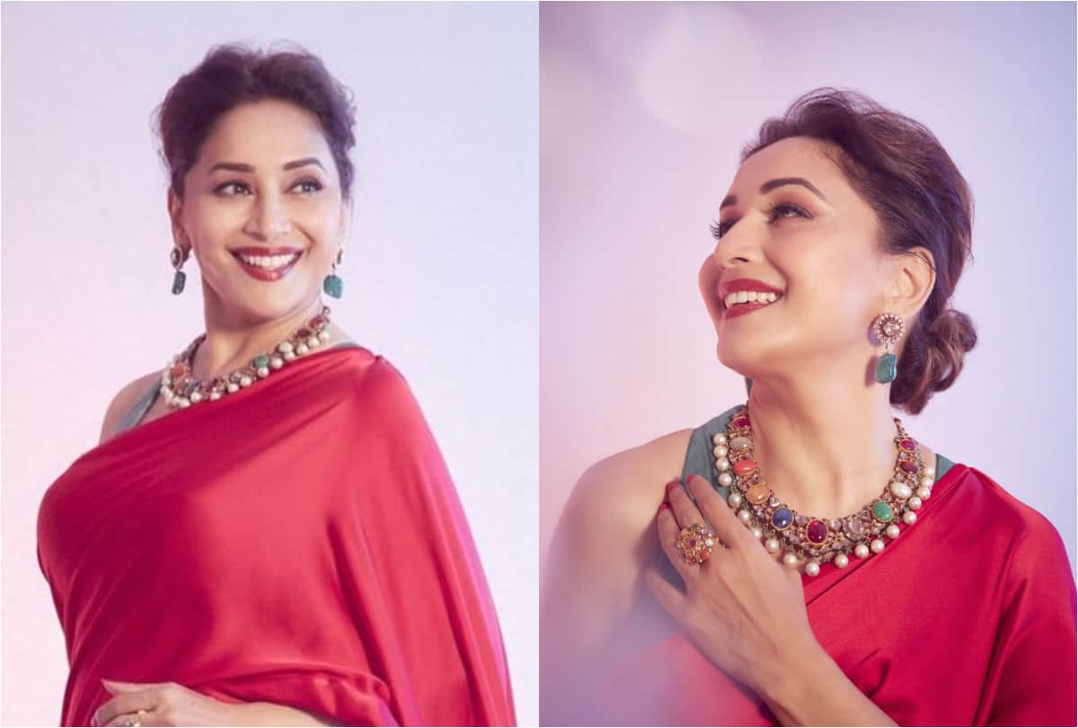in dance reality show shilpa shetty wear colorful thigh high slit dress madhuri dixit in red saree