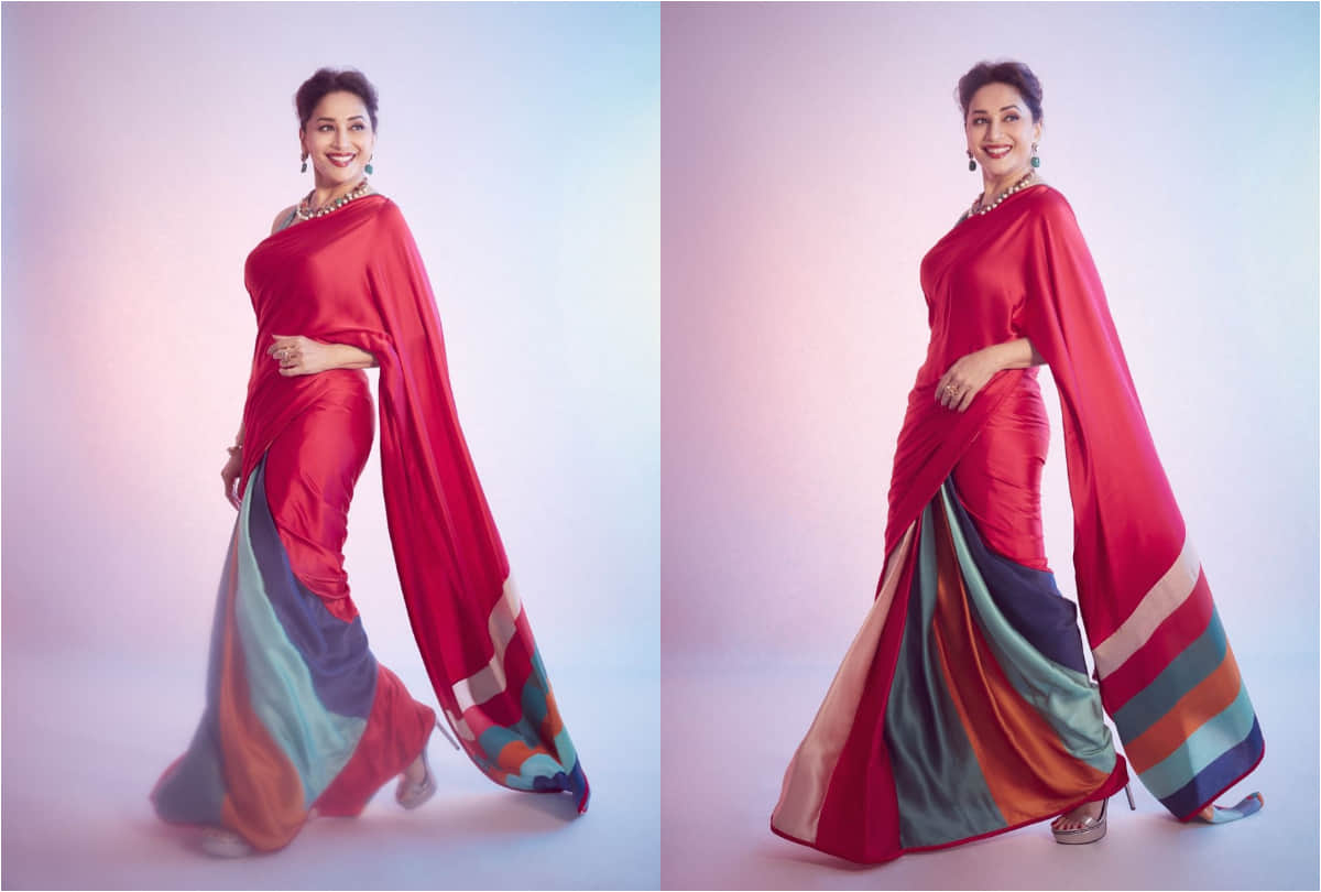 in dance reality show shilpa shetty wear colorful thigh high slit dress madhuri dixit in red saree