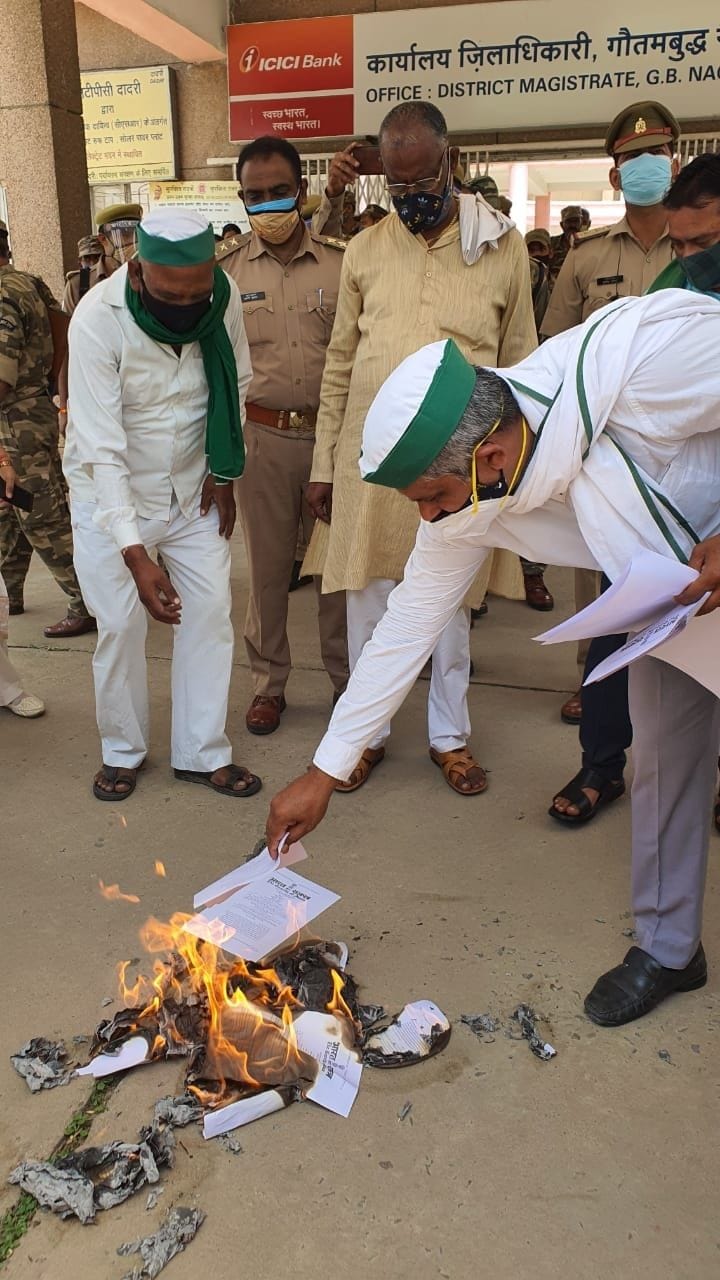 farmer protest by buring copies of agricultural laws