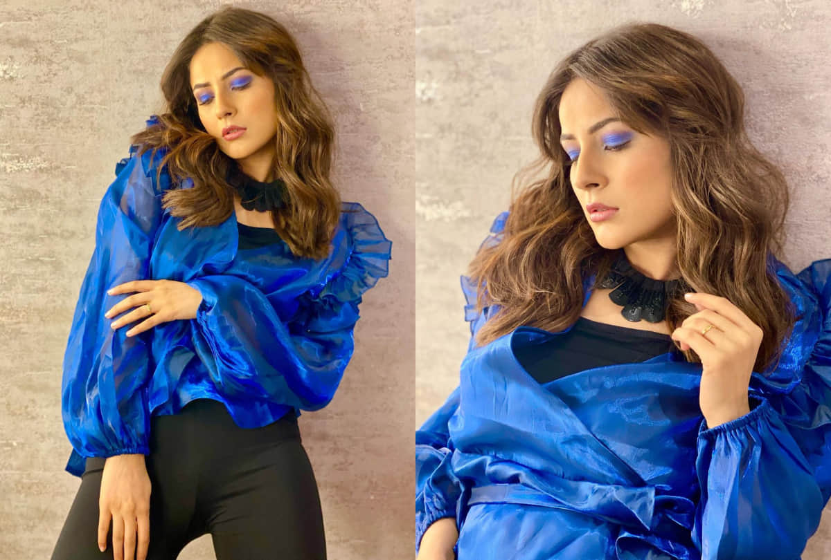 shehnaaz gill looks bold and chic in blue eyeshadow with matching outfit