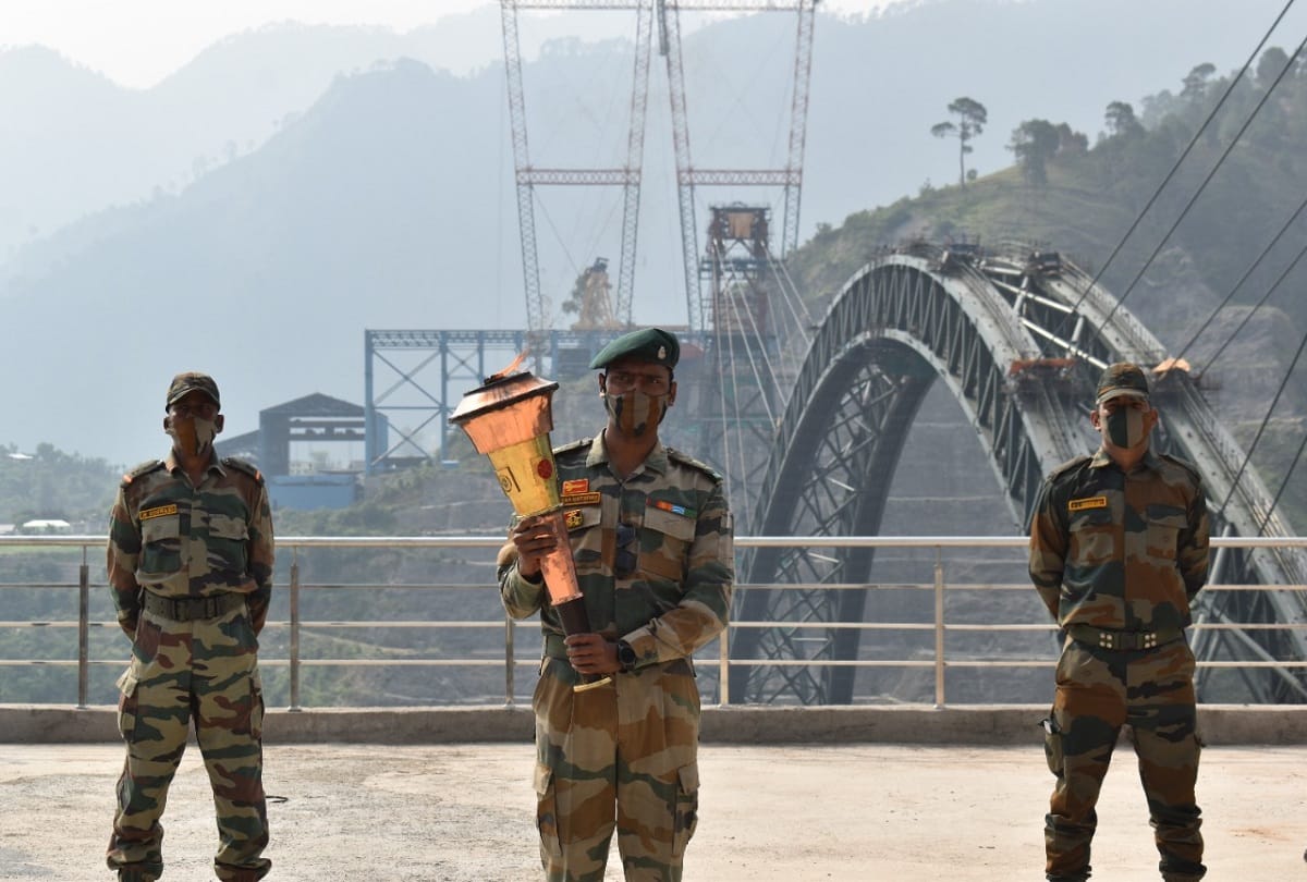 Golden Victory torch carried over world highest railway bridge in Reasi of jammu and kashmir