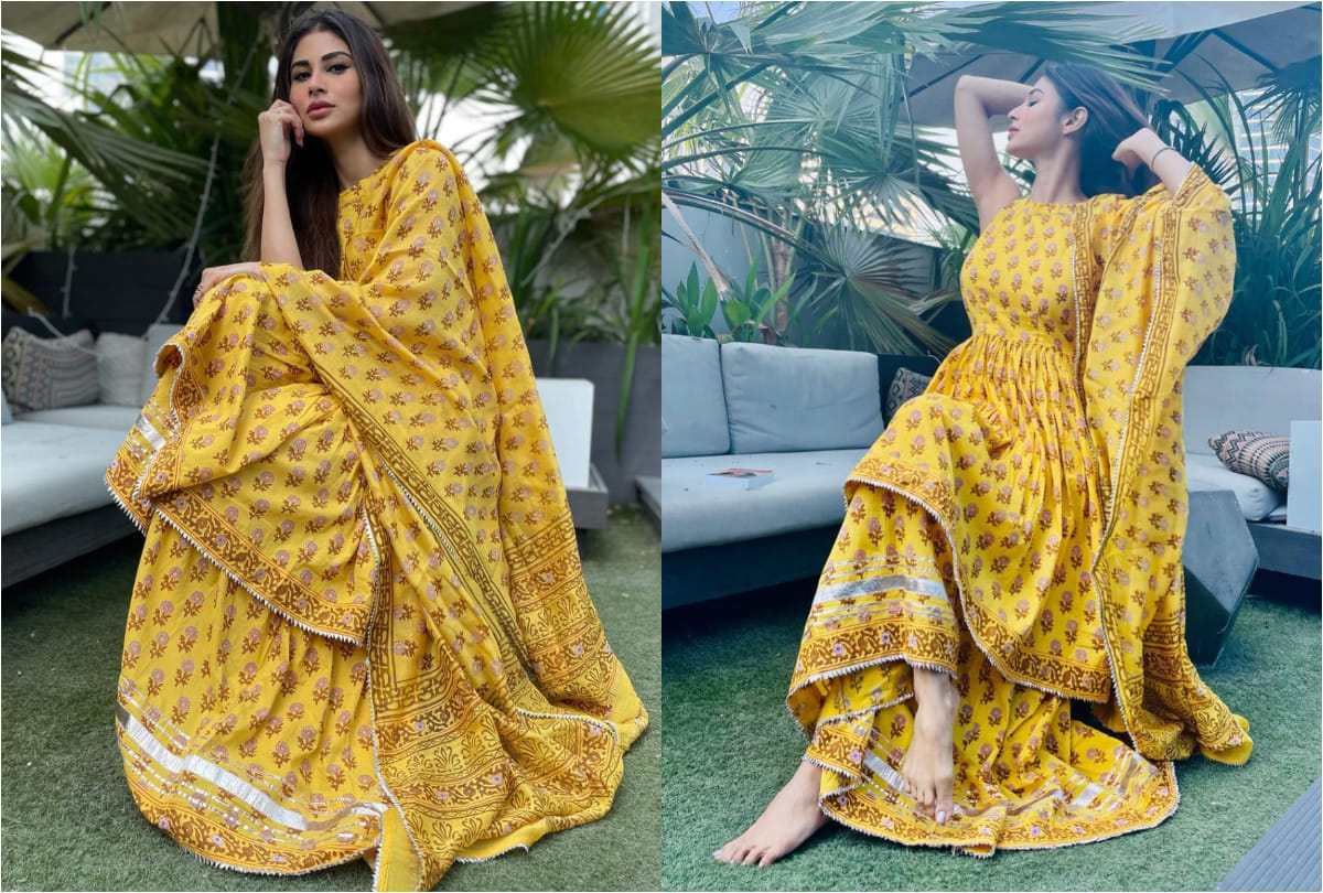 mouni roy looks elegant in yellow floral sharara