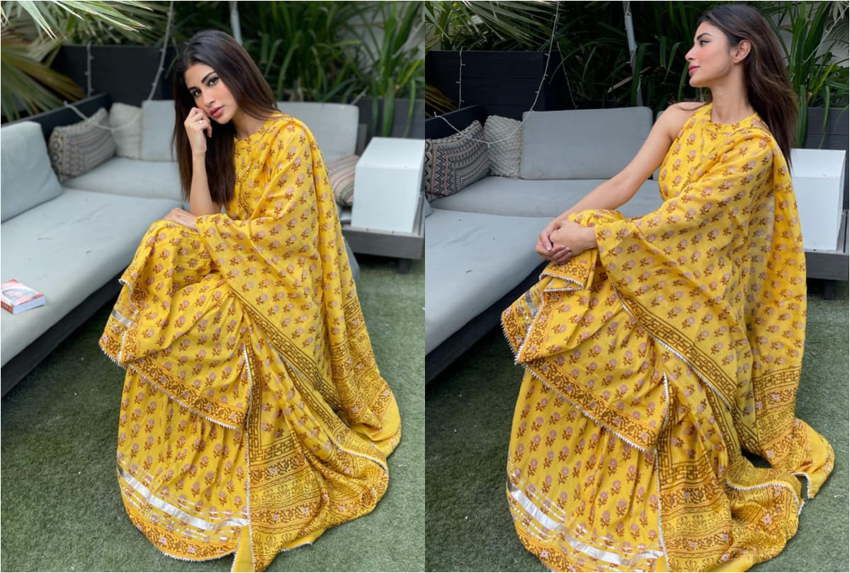 mouni roy looks elegant in yellow floral sharara