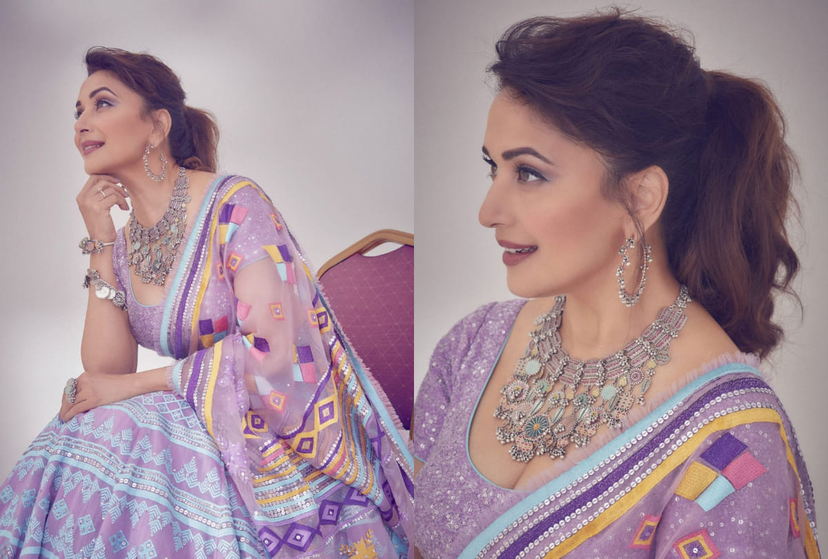 madhuri dixit purple lehenga and tribal jewellery grab attention