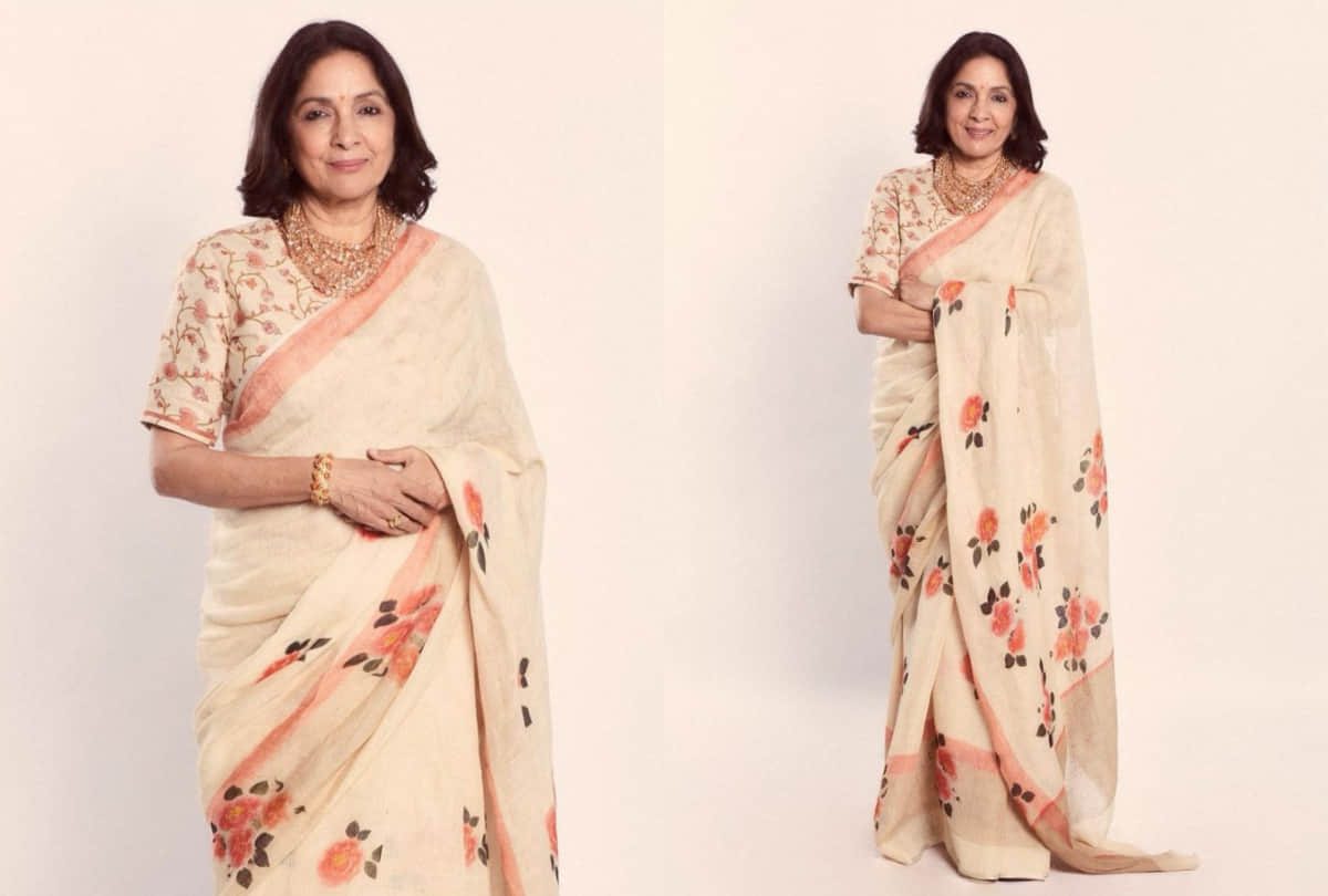neena gupta gorgeous look in peach rose print saree