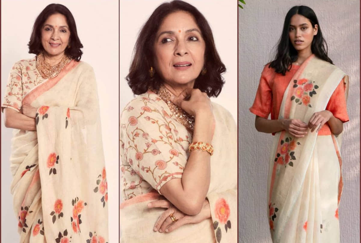 neena gupta gorgeous look in peach rose print saree