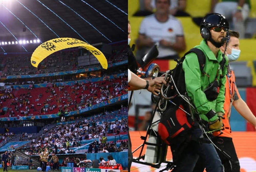 Greenpeace activist crash landing parachutist Germany-France Euro 2020 match in Munich