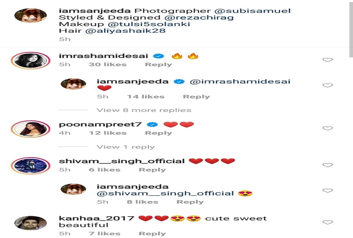 sanjeeda sheikh latest beautiful look rashmi commented on picture
