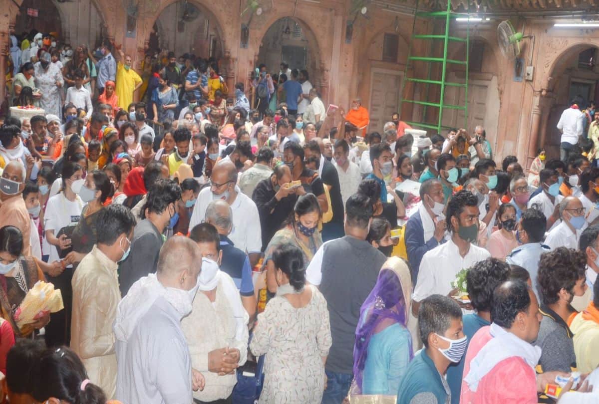 crowd of devotees gathered in shri banke bihari temple on nirjala ekadashi in vrindavan