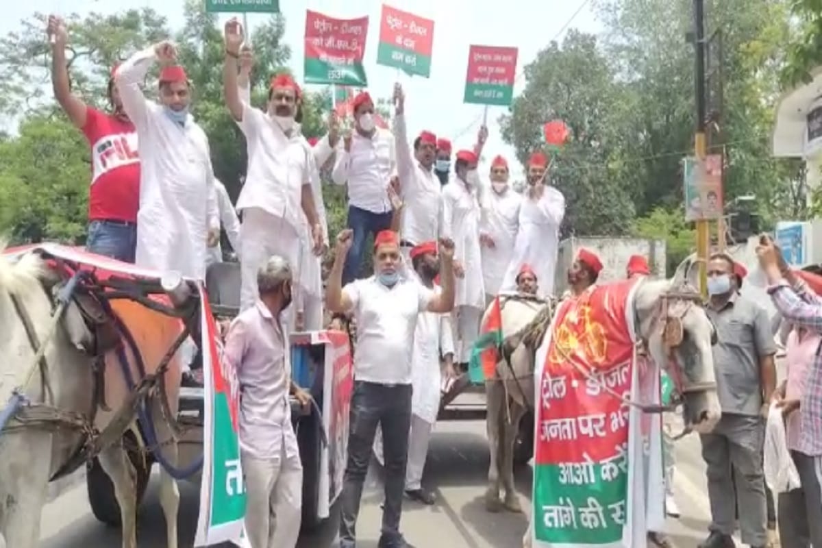 Samajwadi Party workers rode on horse tonga and protested against the price of petrol and diesel in Meerut