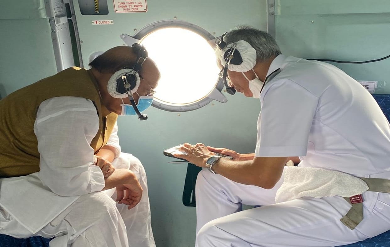 Defence Minister Rajnath Singh conducts an aerial survey of the Indian Navy Project Seabird in Karnataka