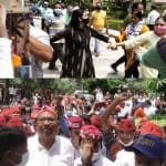 पार्टी कार्यालय का उद्घाटन करते संजय निषाद व विरोध करतीं महिलाएं।