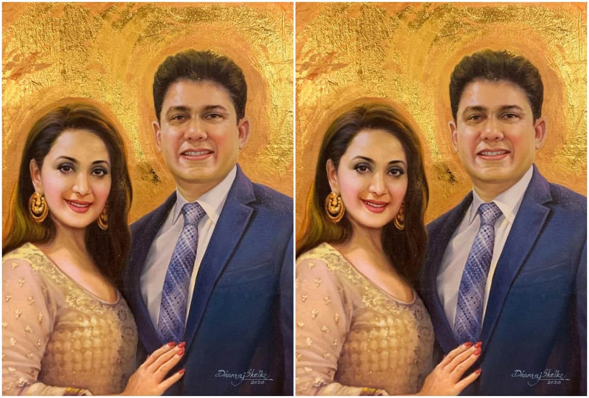 dhanraj shelke painting of Madhuri Dixit and Salman Khan prepared with 24 carat gold