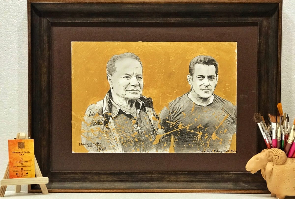 dhanraj shelke painting of Madhuri Dixit and Salman Khan prepared with 24 carat gold