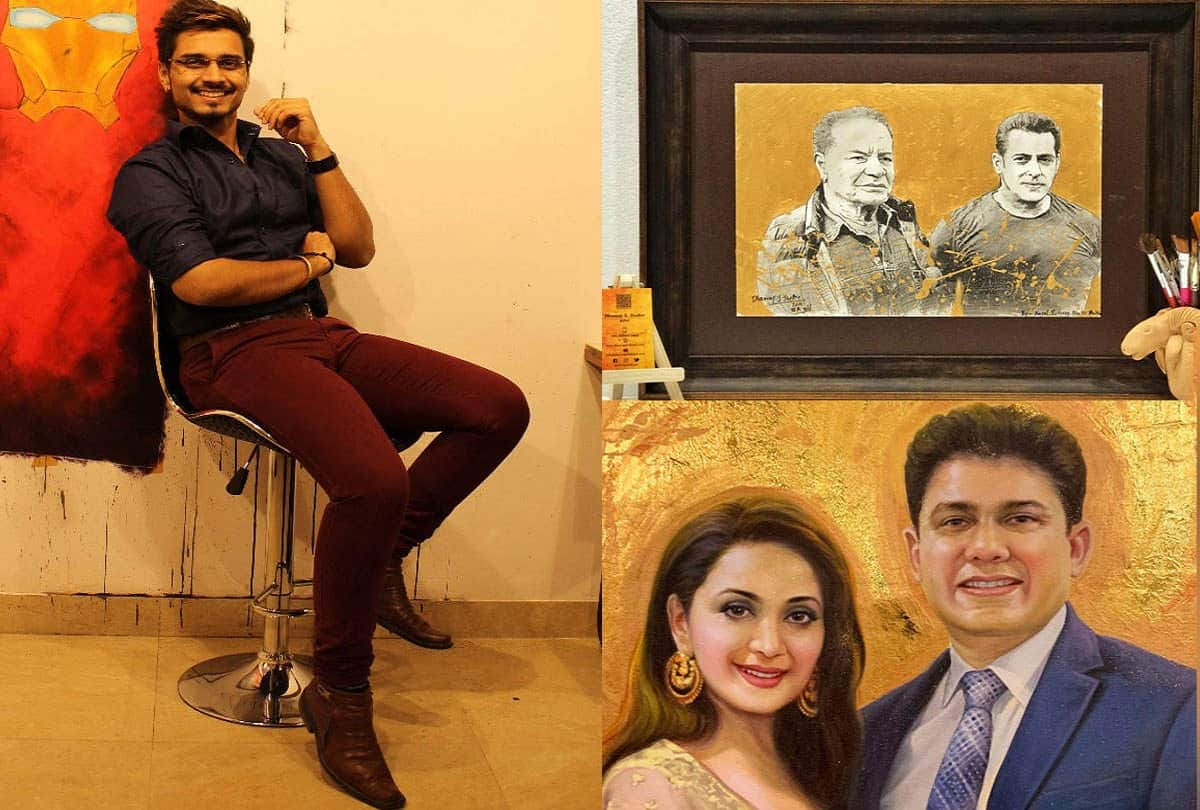 dhanraj shelke painting of Madhuri Dixit and Salman Khan prepared with 24 carat gold