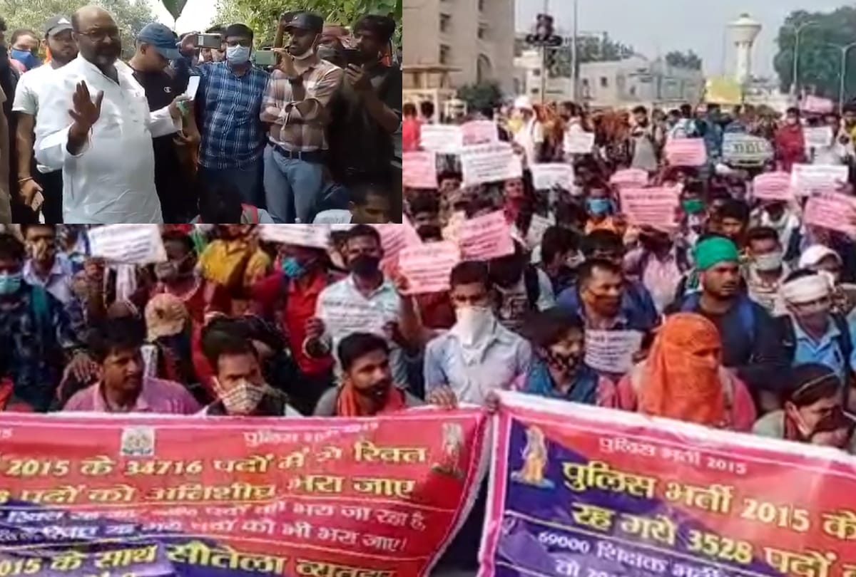 Sipahi Bharti applicants protest in Hazratganj in Lucknow.