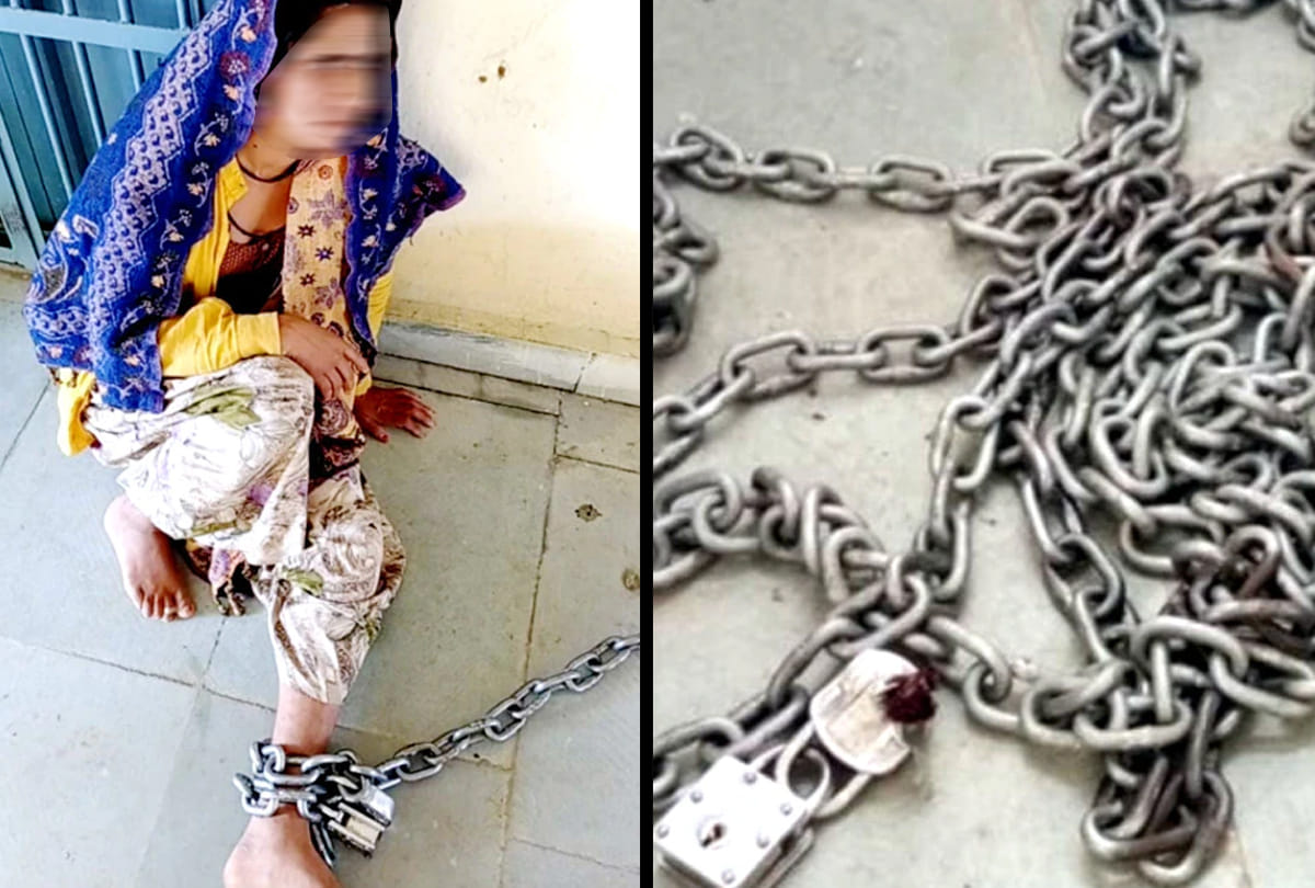 rajasthan pratapgarh police rescues a woman who was chained by her husband and son in allegation of infidelity