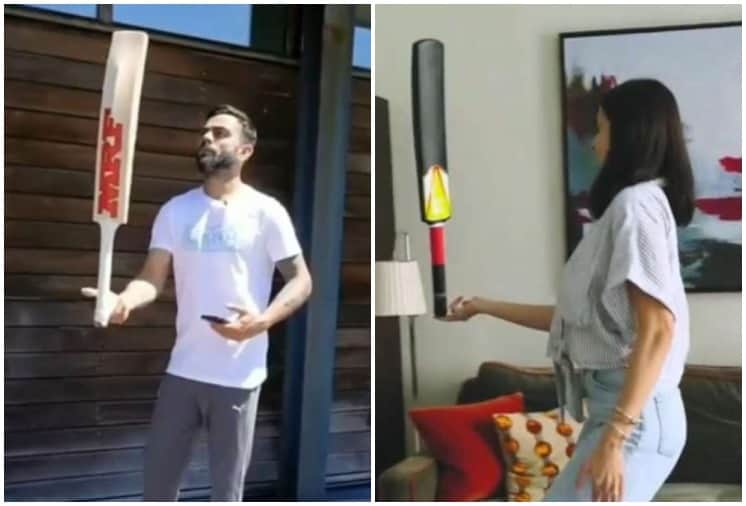 Anushka Sharma Virat Kohli expertly balance cricket bats on their fingers See Video