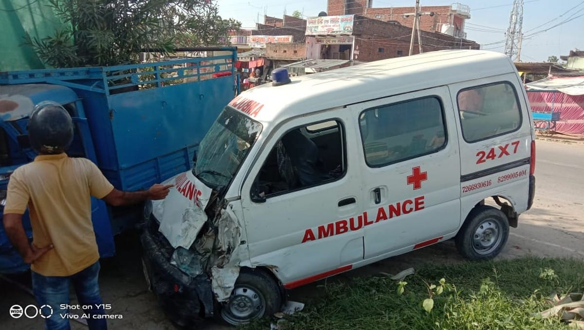 patient died and driver injured after ambulance collided with electric pole and vehicle in varanasi