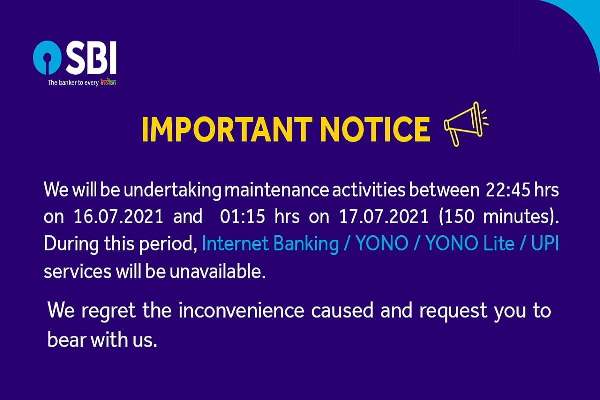 SBI Banking Services YONO net banking UPI to be down for some hours today