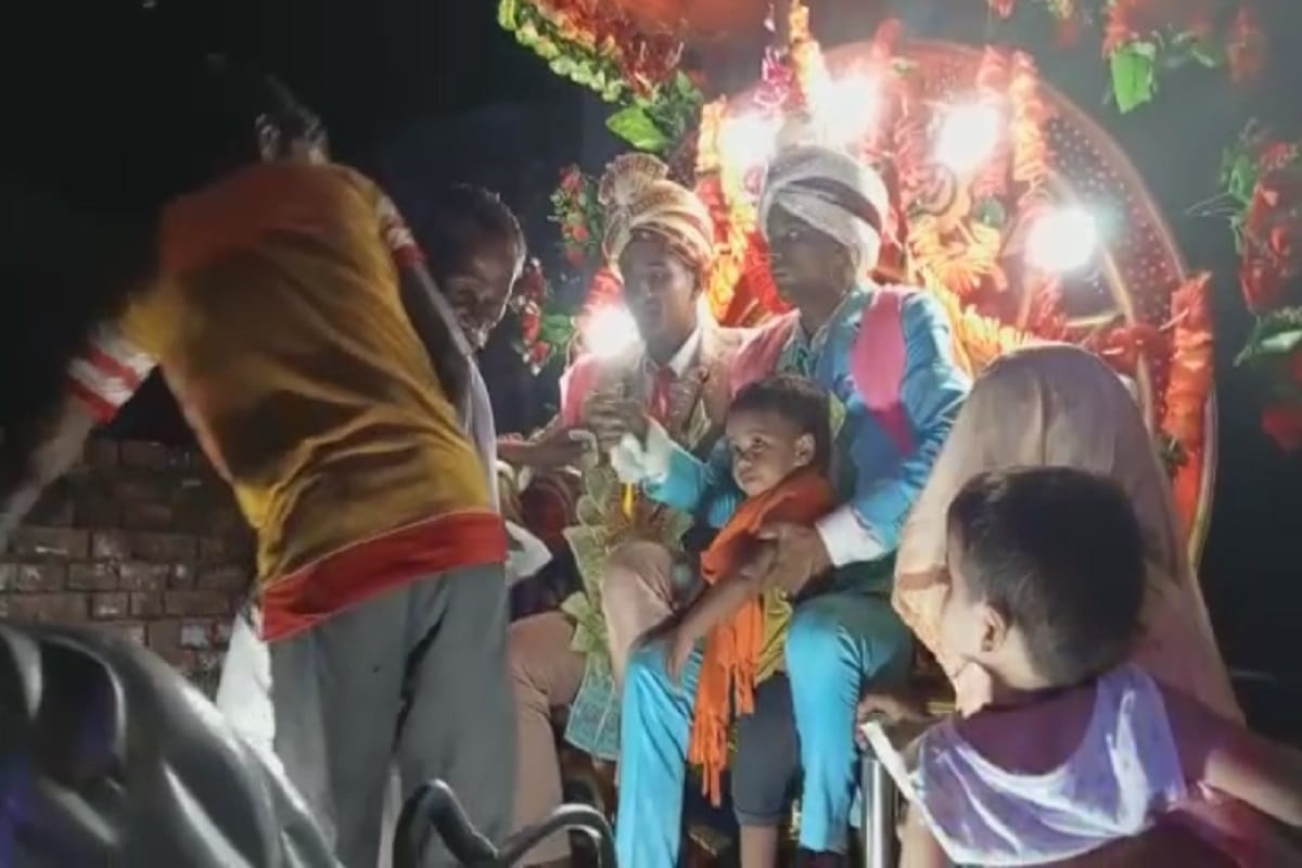 Two grooms and family members have celebration of marriage in the presence of police force in Manpuri village of Meerut