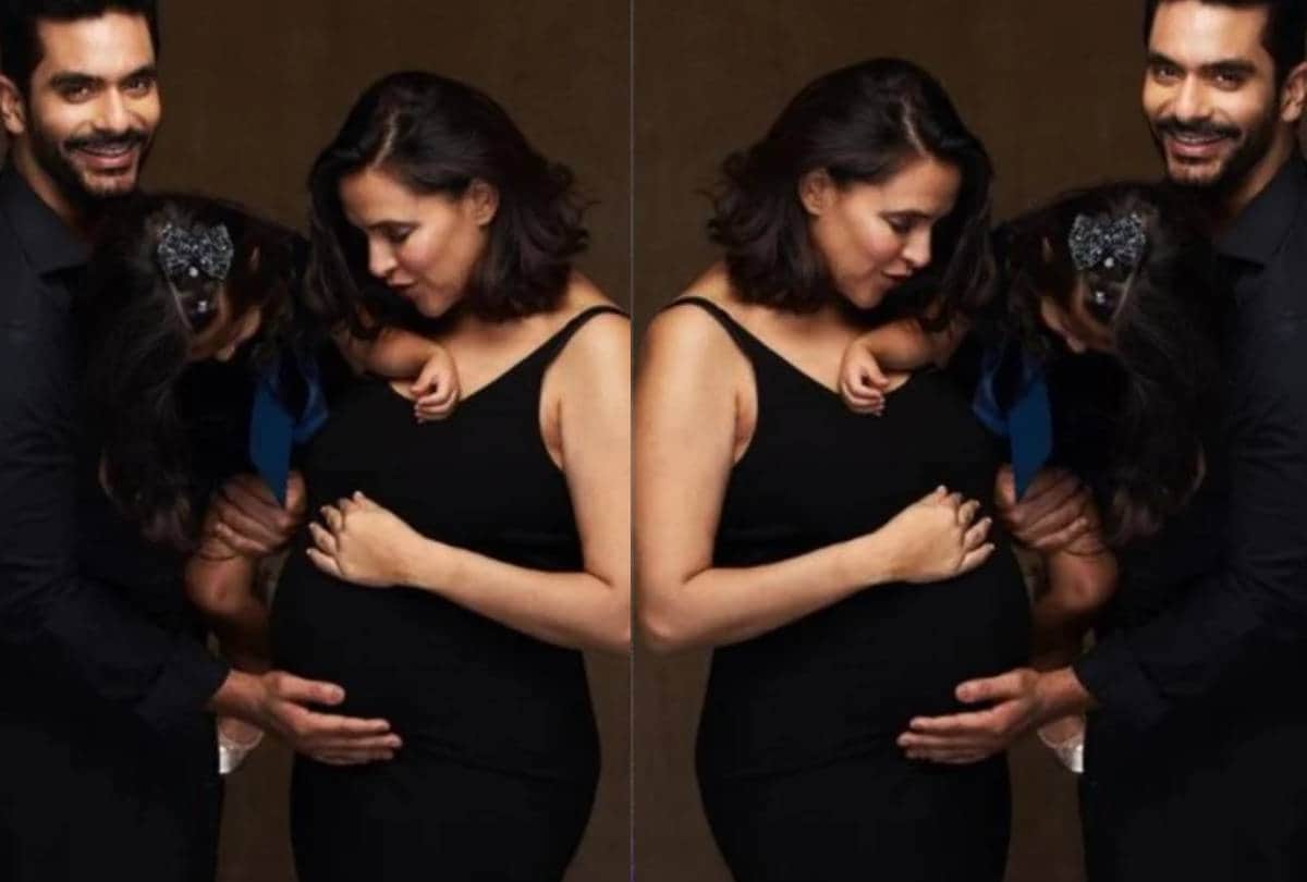 Pregnant Neha Dhupia, Angad Bedi and daughter Mehr spotted outside cafe in Mumbai
