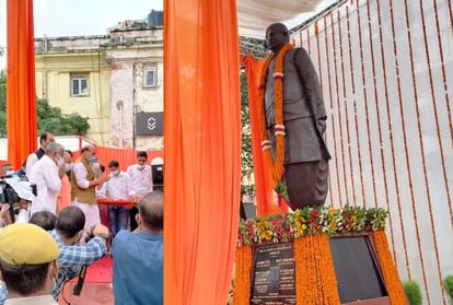 लालजी टंडन की प्रतिमा का अनावरण करते रक्षा मंत्री राजनाथ सिंह।