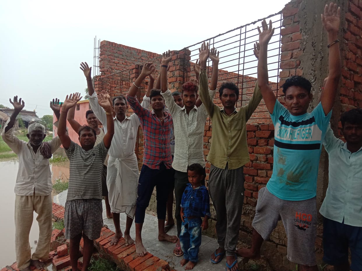 Villagers demonstrated outside the under construction panchayat building