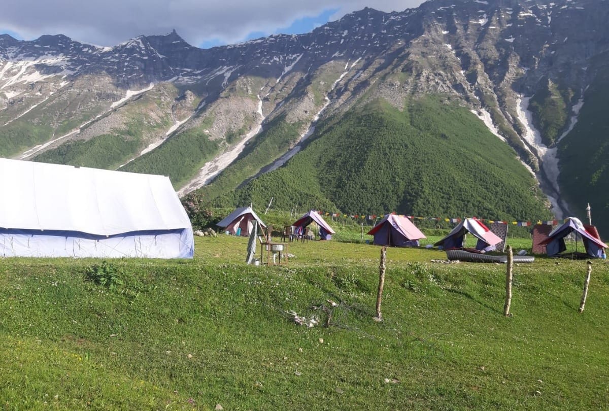 Tourist spot Pangi Valley Sural Bhatori snow covered mountains at 13 thousand feet height chamba Himachal Pradesh
