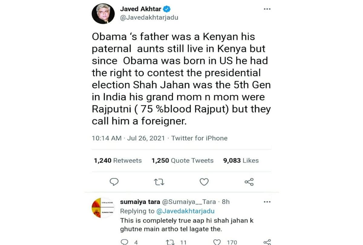 Javed Akhtar: shahjahan was not foreigner javed akhtar trolled for tweet