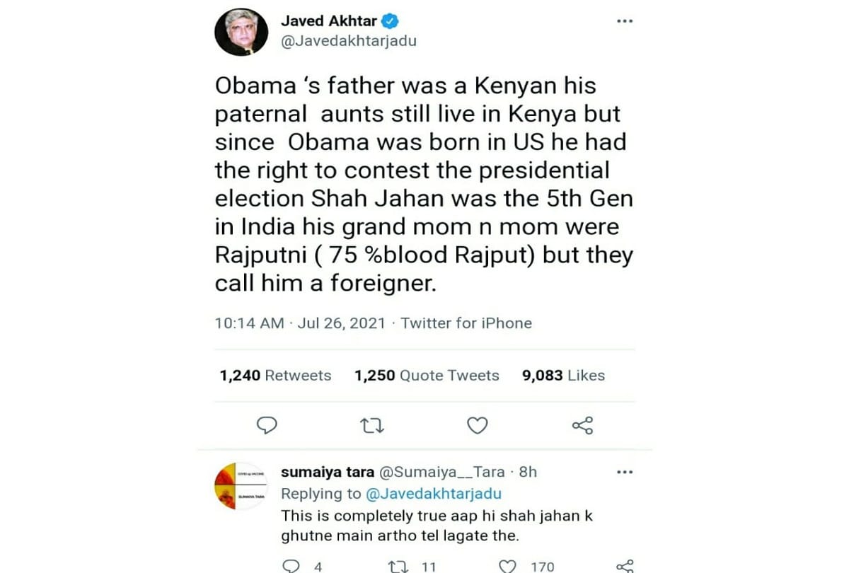 Javed Akhtar: shahjahan was not foreigner javed akhtar trolled for tweet