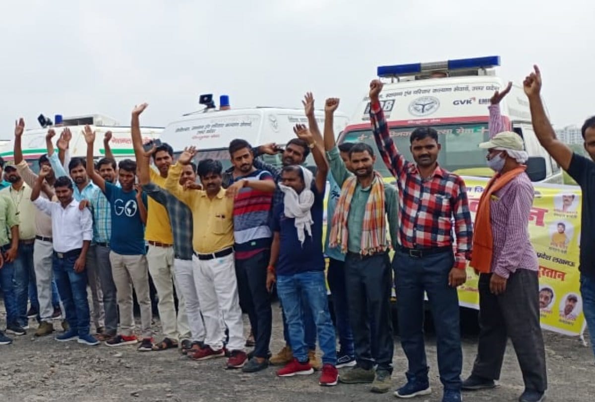 Ambulance employees on strike in Uttar Pradesh.