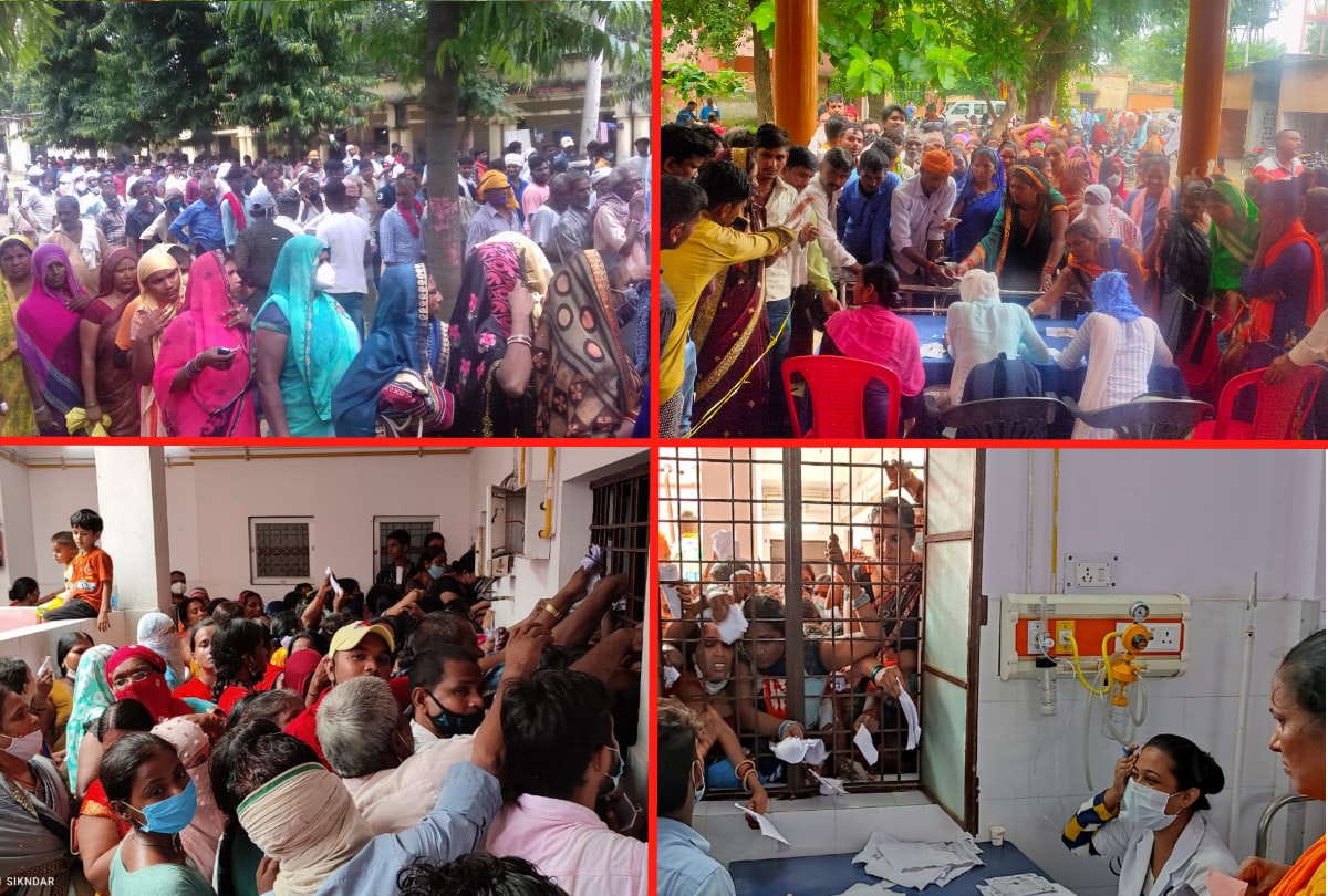crowd gathered for vaccination in district hospital after heavy rain in Gorakhpur