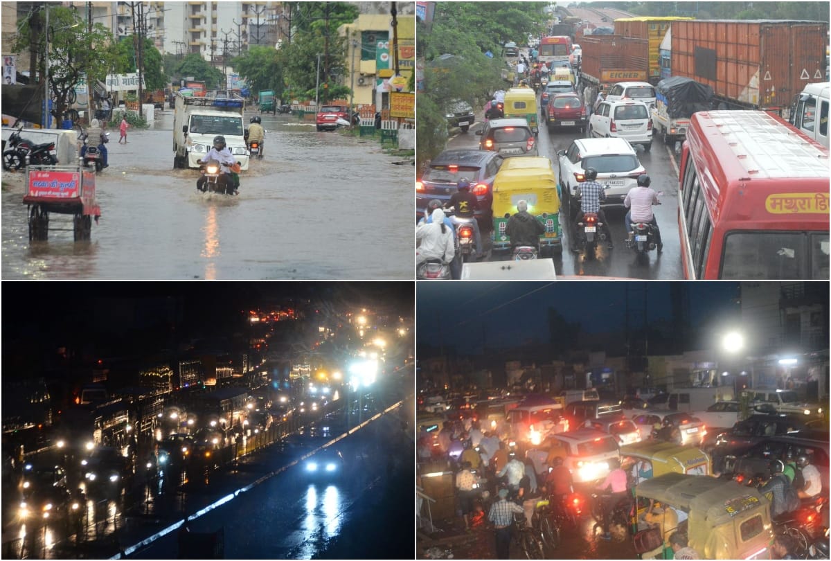 traffic jam on Agra-Delhi highway due to water logging after rain in agra