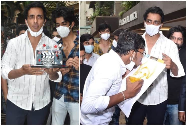 Fans Gathers at Sonu Sood house A fan made live painting with his tongue