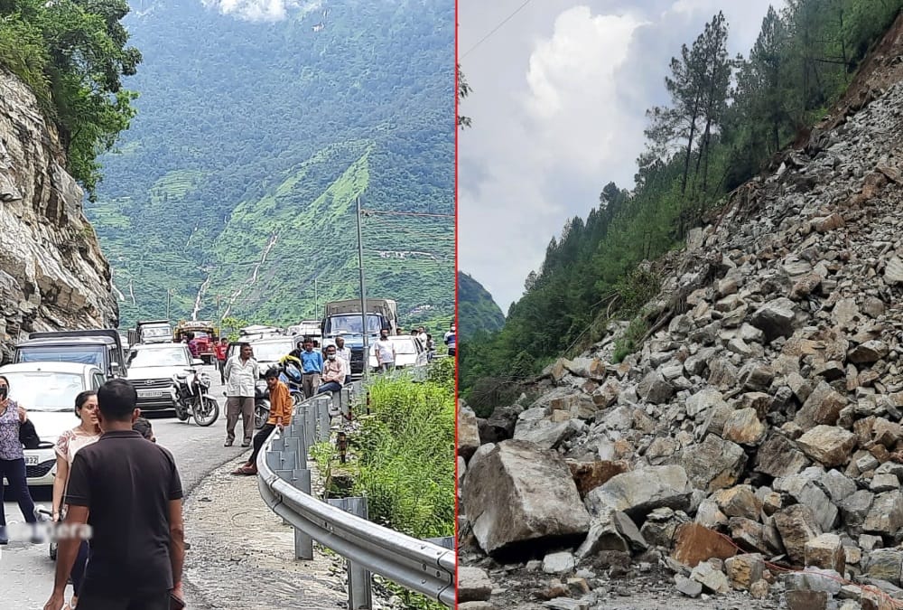 Uttarakhand weather News Today: Landslide on badrinath highway in bhandarpani vehicle stuck Photos