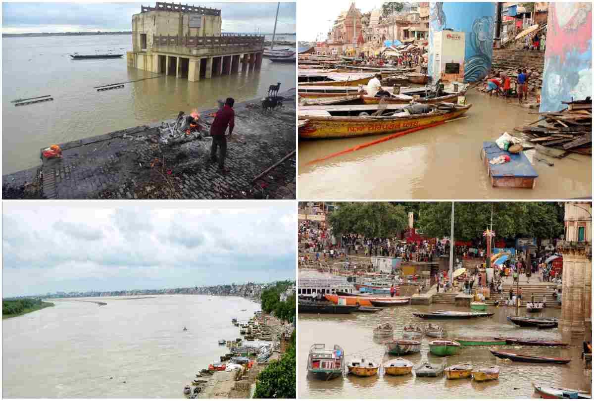 ganga water level increasing in varanasi about to touch danger mark ghat lost contact and also changed cremation site see photos