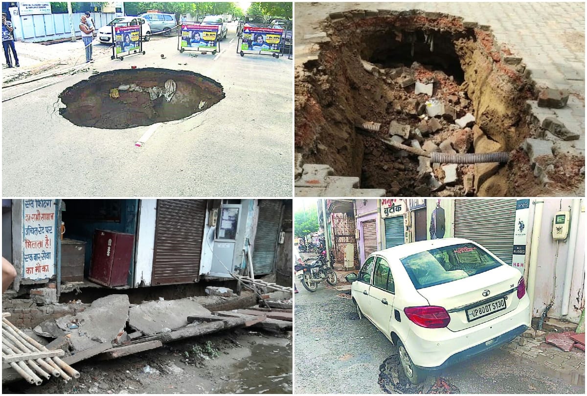 potholes on the roads after soil collapsed in agra