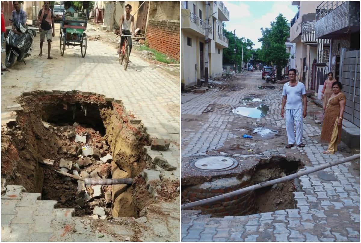 potholes on the roads after soil collapsed in agra
