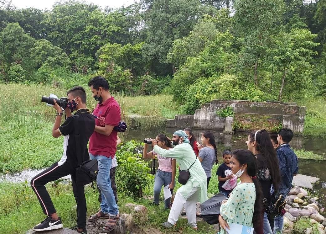 Children enjoy bird watching at Sanjay Lake