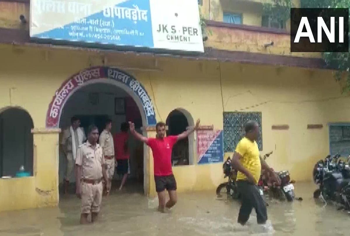 Rainwater entered Chhipabarod Police Station in Baran district following heavy rainfall  yesterday in Rajasthan