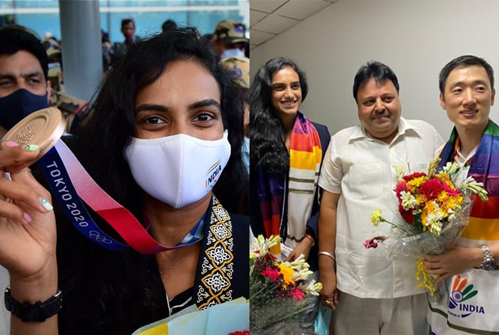 PV Sindhu and her coach welcomed at the Delhi airport, Sindhu bagged a bronze medal in womens singles badminton at Tokyo Olympics