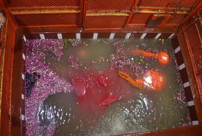 Prayagraj: Mother Ganga, who reached Hanumanji's feet, was welcomed with the cheers of Har Har Mahadev.