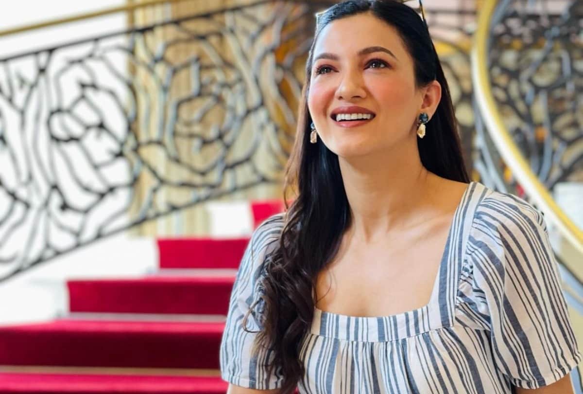 gauhar khan wear thigh high slit yellow printed dress looking gorgeous