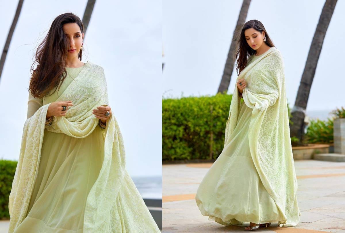Fashion tipa Nora Fatehi anarkali dress photos goes viral dress price is Rupees of approx one lakh 25 thousand