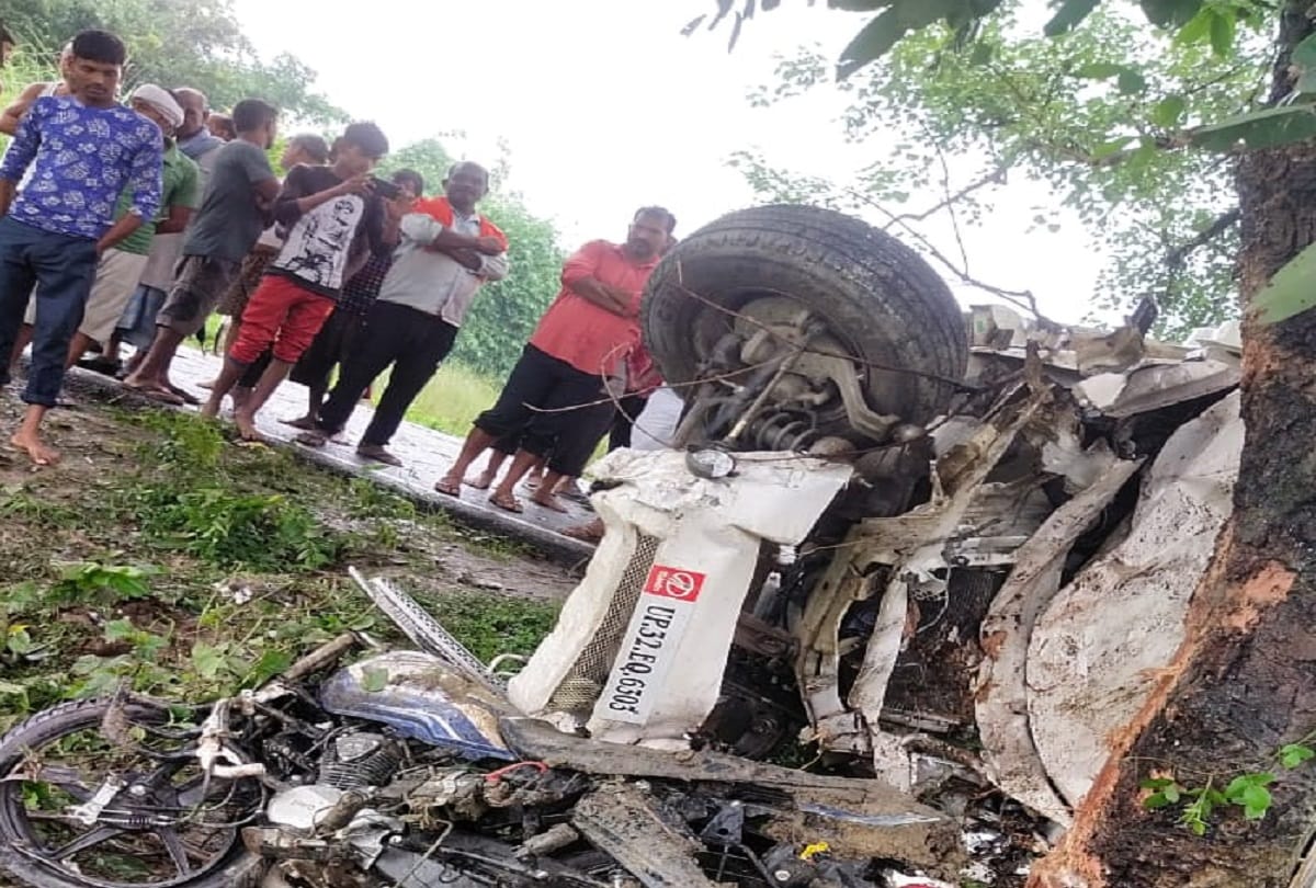 road accident in Ballia one killed and two injured after overspeed Bolero collides with tree after hitting bike