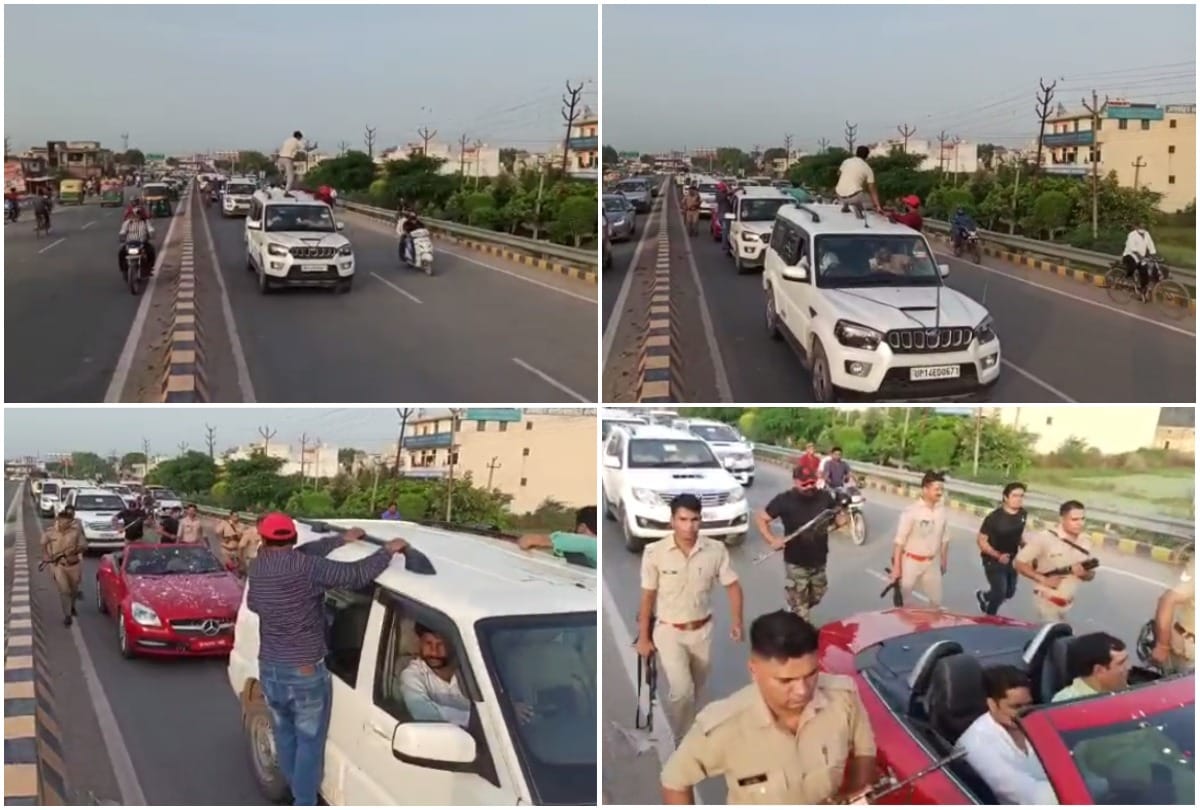 MLA Nand Kishore Gurjar supporters dancing on roof of a moving vehicle in convoy Video viral