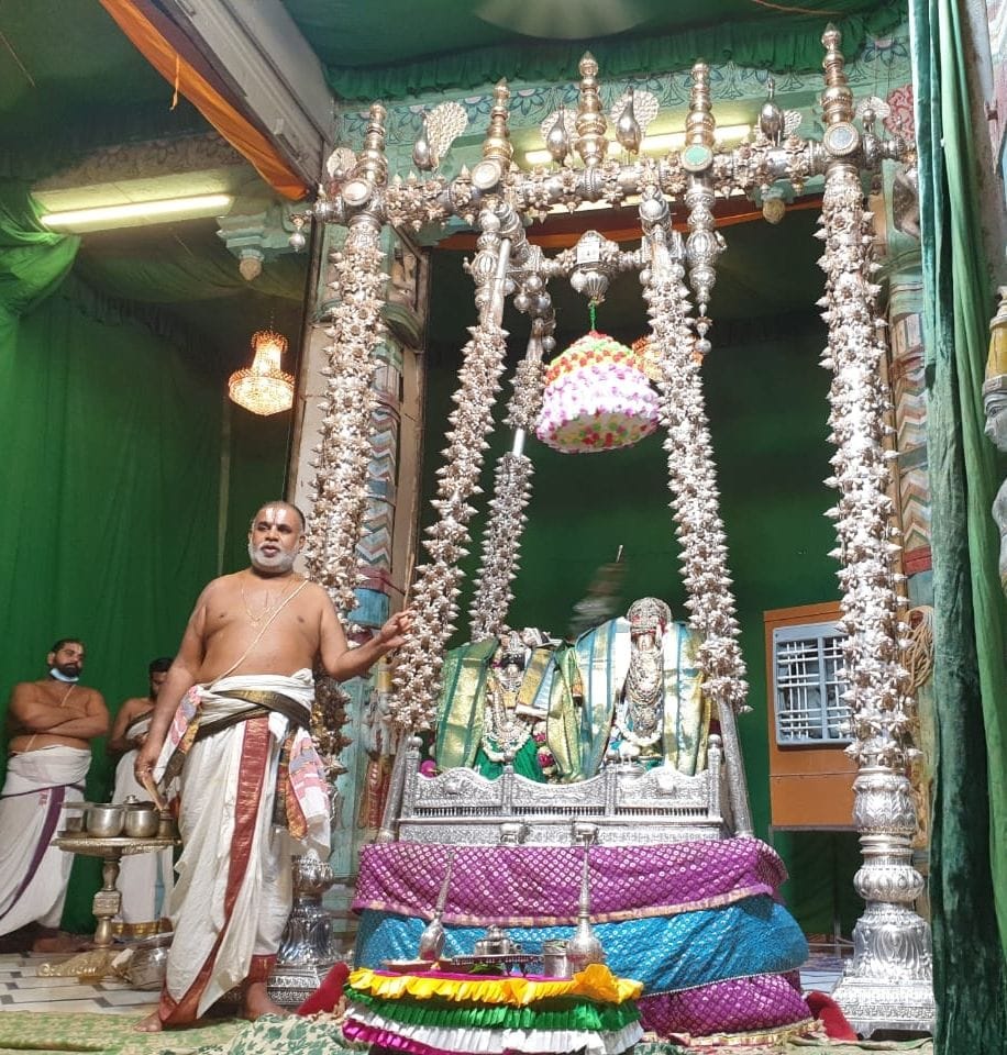Mathura: Lord Ranganath seated in a silver swing with Mata Goda